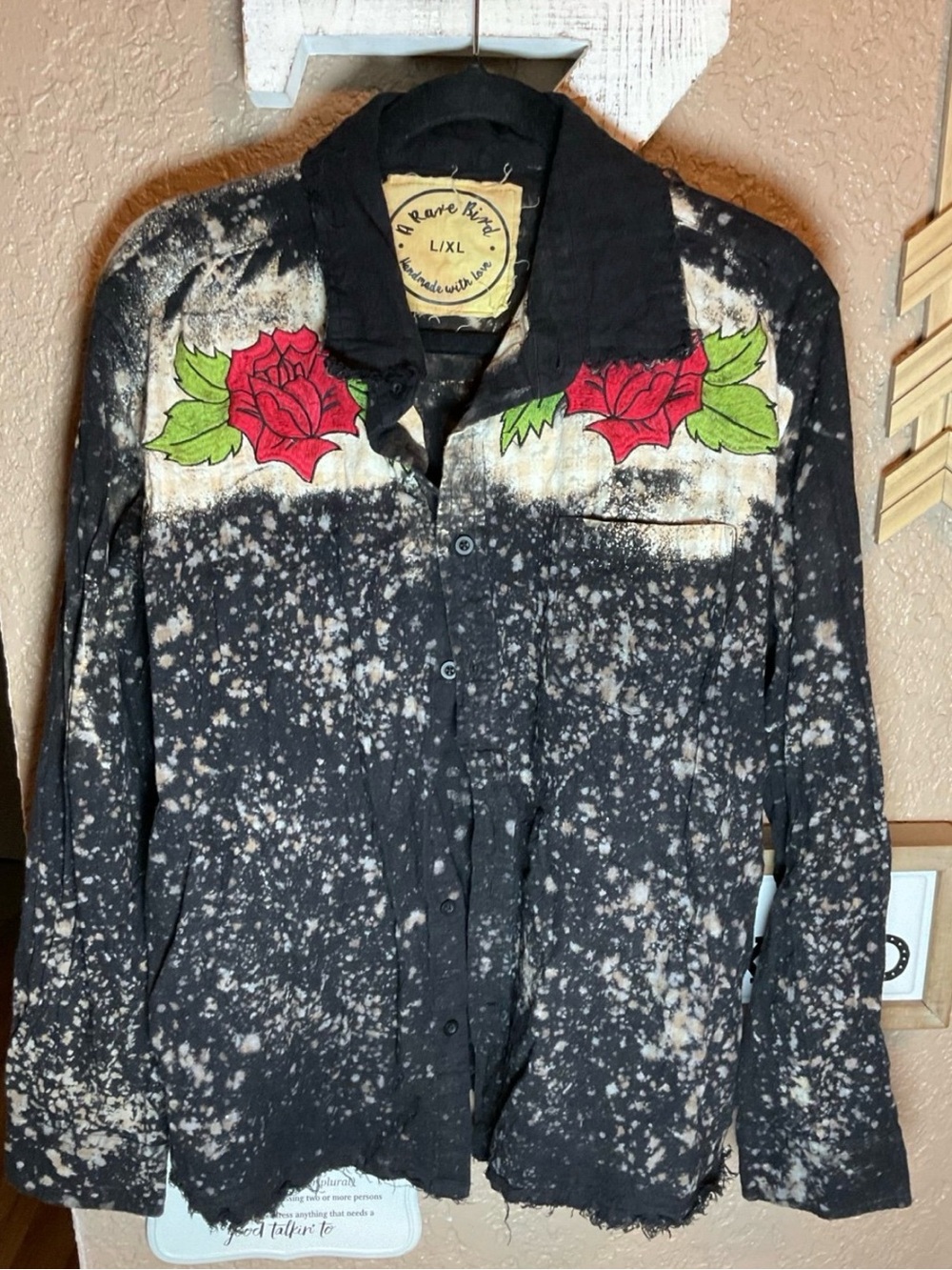 Rare Kind Black Distressed 100% cotton Jacket with Red Rose Embroidery